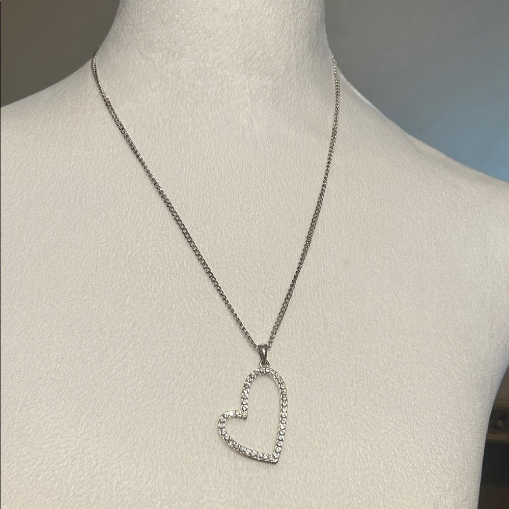 Y2K Vintage Icing Silver Open Heart Pendant Necklace Rhinestone Statement 9" Dr